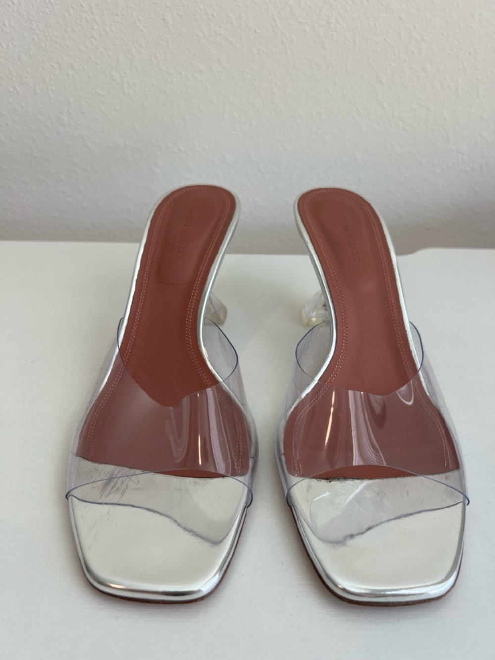 Amina Muaddi Clear PVC Silver-Trim Slide Mules